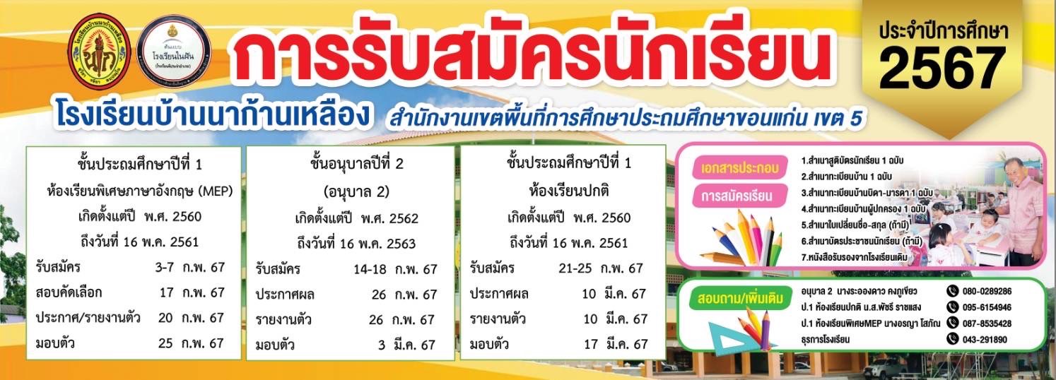 ประกาศโรงเรียนบ้านนาก้านเหลือง เรื่อง การรับสมัครเรียน ปีการศึกษา 2567