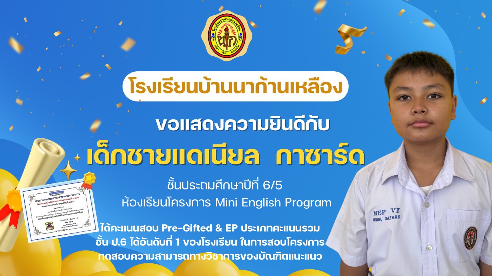  อันดับ 1 ระดับจังหวัดขอนแก่น สอบ Pre-Gifted & EP ประเภทคะแนนรวม